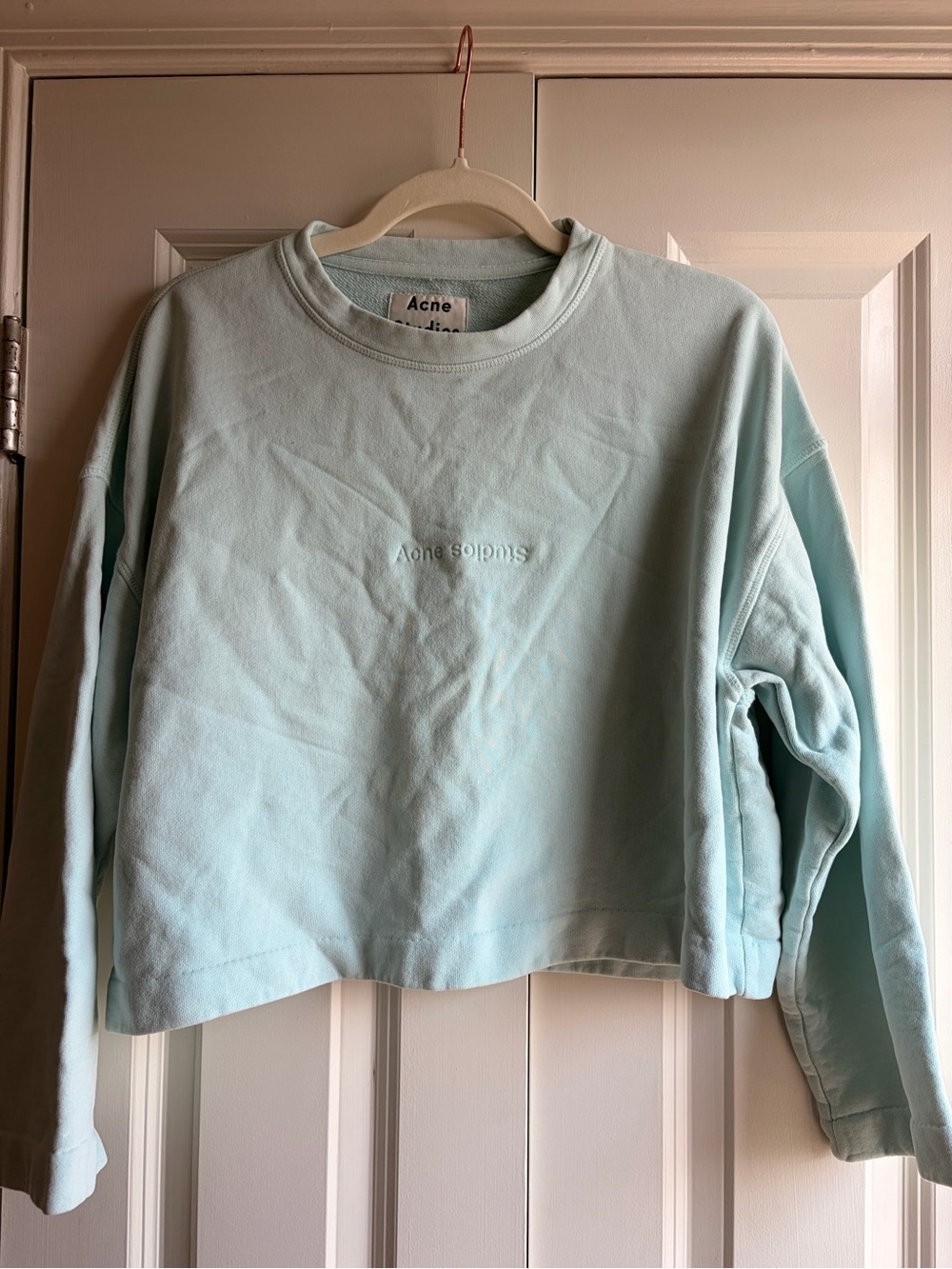 Acne Studios cotton baby blue teal cropped crewneck sweatshirt XXS